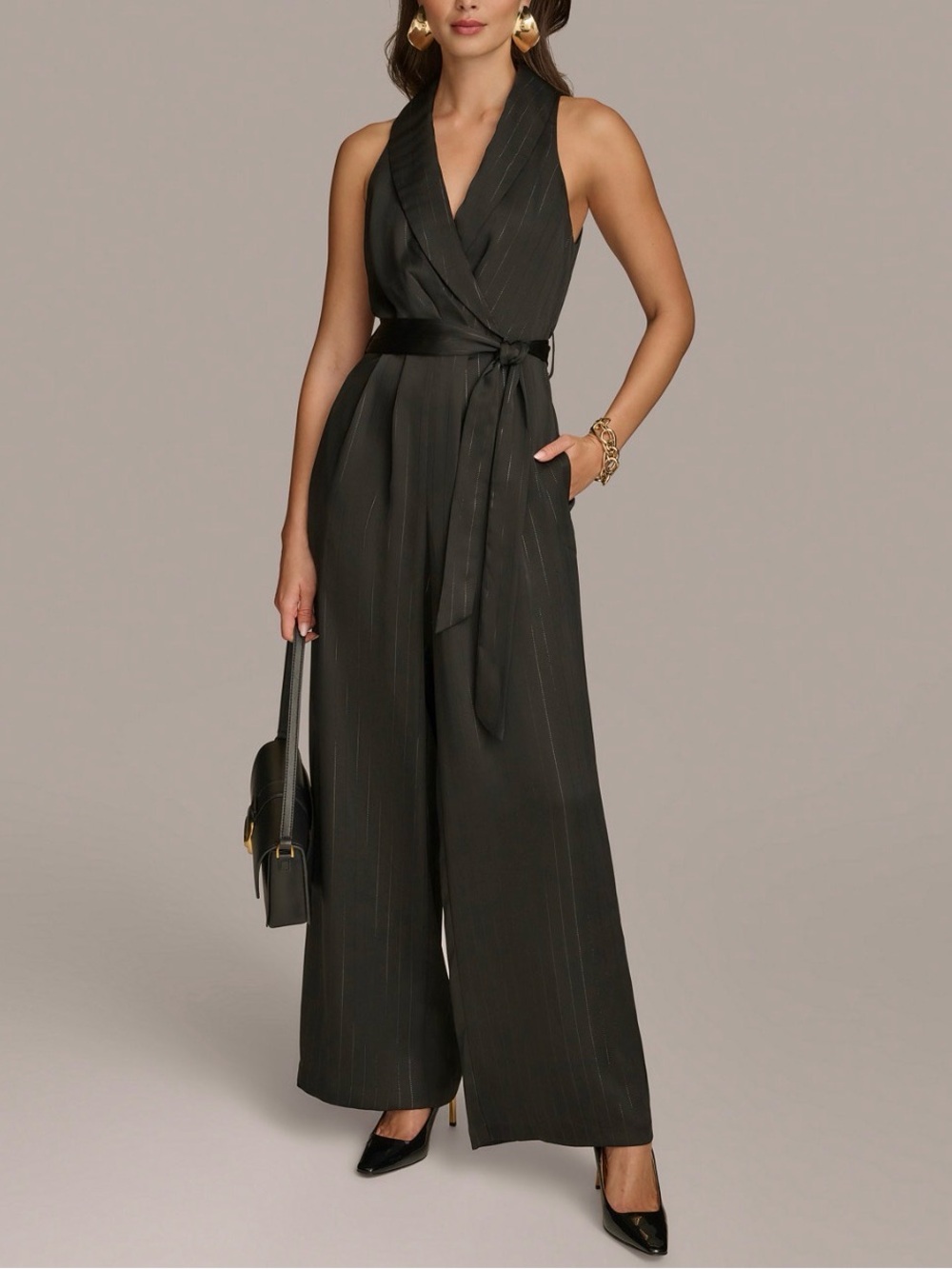 Donna Karan Black Shawl-Collar Tie-Waist Wide Leg Jumpsuit Size 8 Pin Stripe New